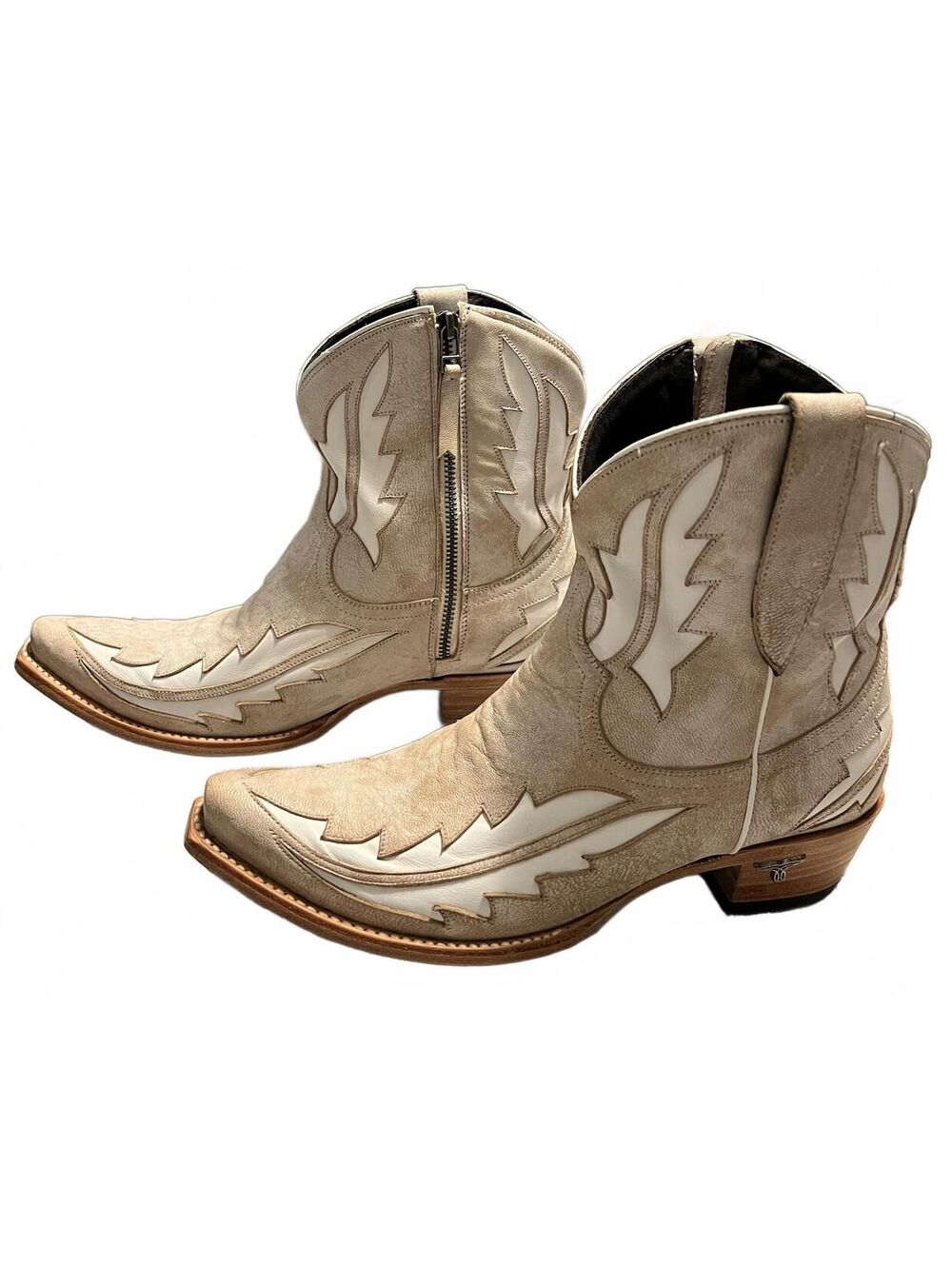 Lane Boots Robin Beige Leather Flame Overlay Cowgirl Western Ankle Boots 10